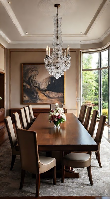 豪华餐厅长桌椅水晶吊灯精美壁画自然美景