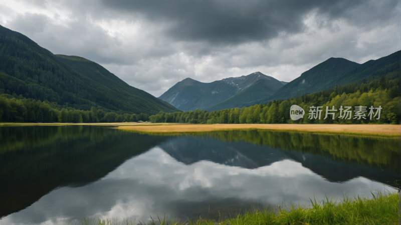 山倒映在田野中央的湖水中风景图片