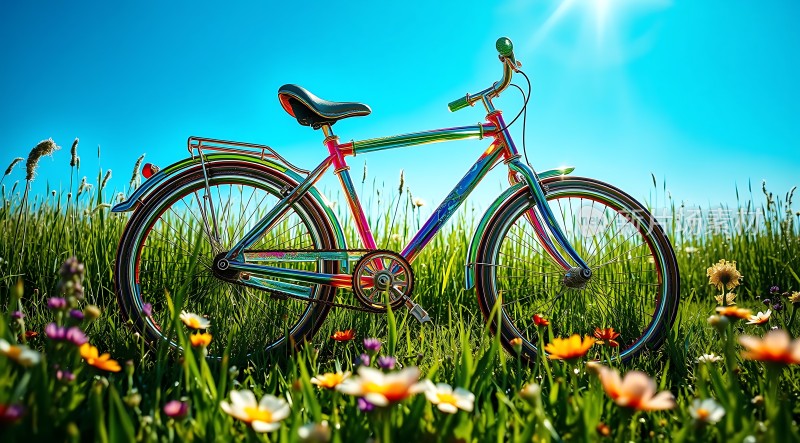 彩虹自行车在花丛中