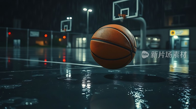 雨夜篮球场上的孤独篮球