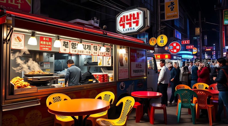 夜市美食街上的热闹小吃摊位
