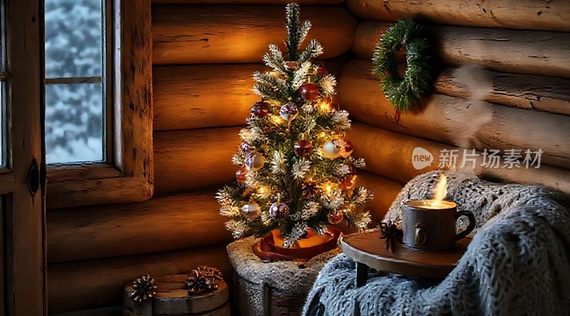 温馨圣诞小屋木墙绿树暖灯