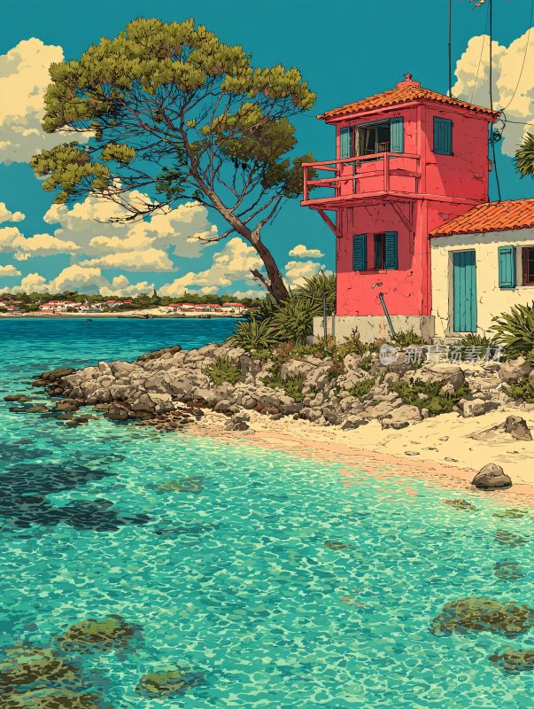 海边粉色小屋与海景插画