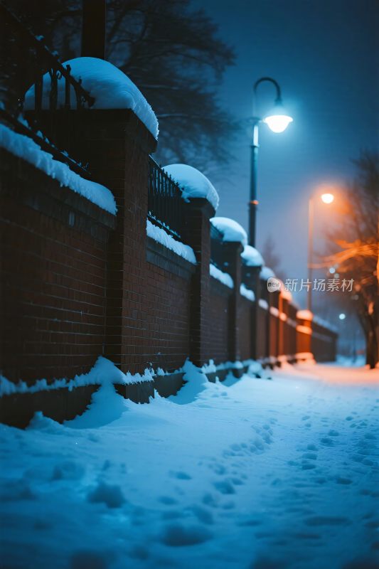 雪夜围栏雪景路灯