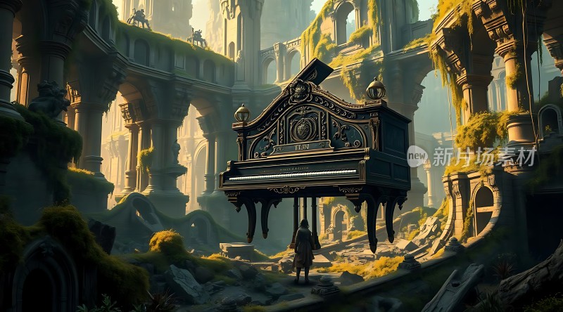 废弃古建筑前的神秘钢琴