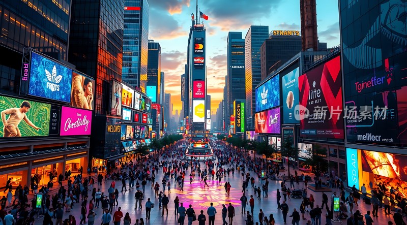 繁华都市夜景霓虹闪烁人群熙攘