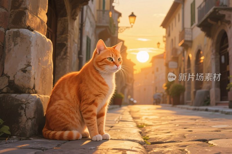 橘猫老街夕阳插画