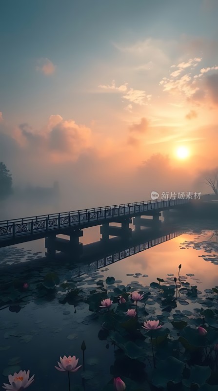 湖畔晨光映荷花