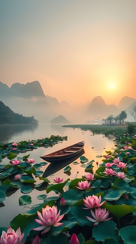 湖畔荷花映日红小舟静卧水中央