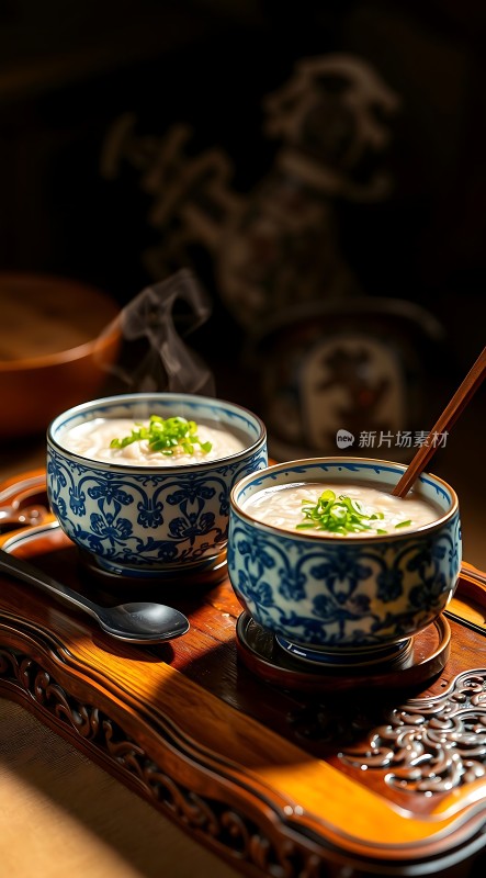 热气腾腾的粥品青花瓷碗点缀葱花木托盘上静待品尝