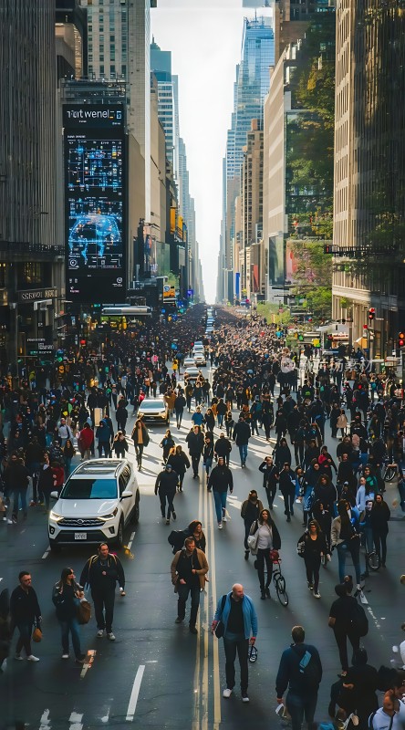 繁华都市街头人群熙攘高楼林立车水马龙