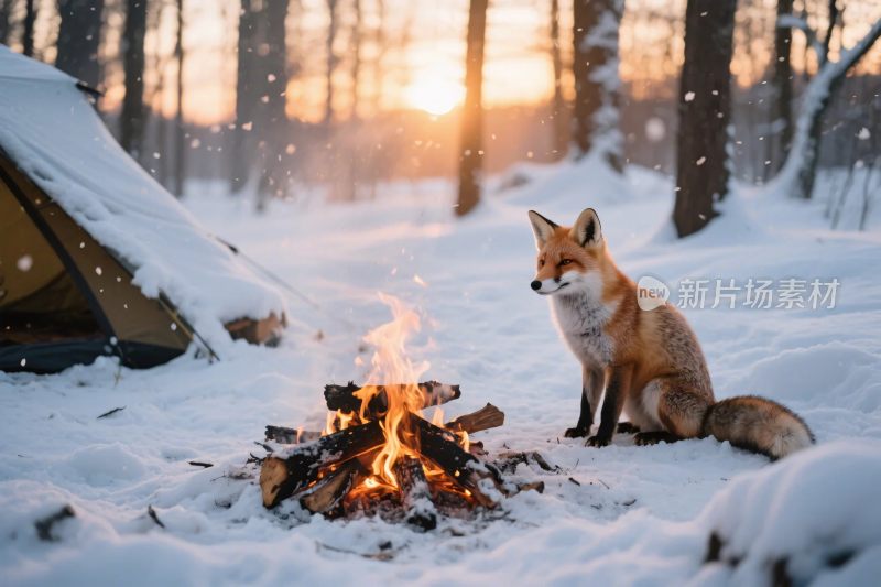 雪地篝火与狐狸