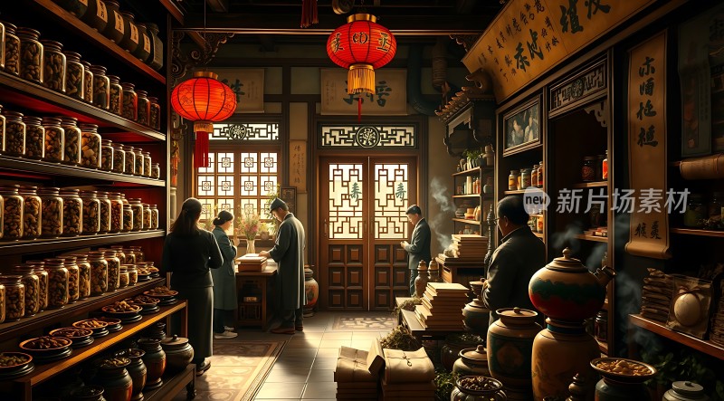 古风药铺里的日常生活场景