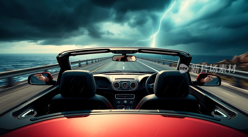 红色敞篷车在暴风雨中疾驰于海边公路