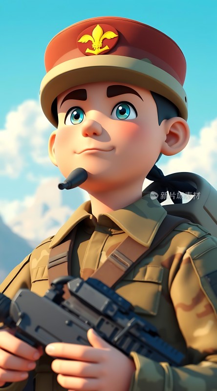 军装少女英姿飒爽目光坚定手持武器背景蓝天白云