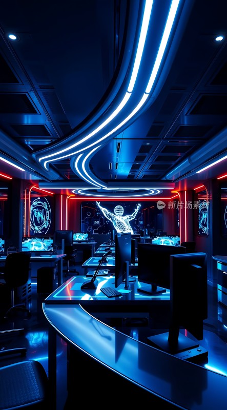 科技感十足的会议室未来主义风格设计蓝色灯光与电子屏幕交相辉映
