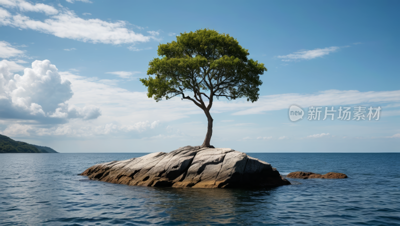 海洋中央的岩石上一棵孤树高清图片