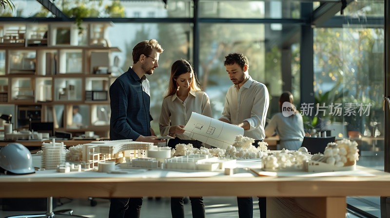 三人讨论建筑模型与图纸