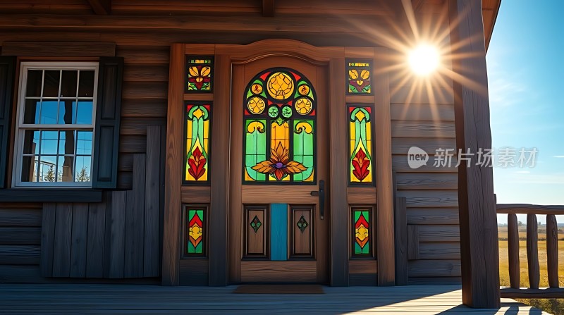 阳光下的彩色玻璃木门