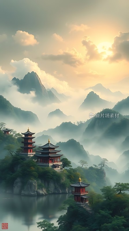 东方古塔云雾山川