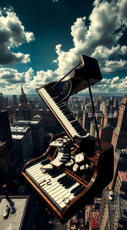 钢琴悬空的城市风景