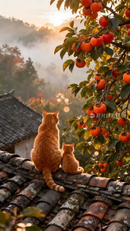 橘猫望秋光柿子映斜阳