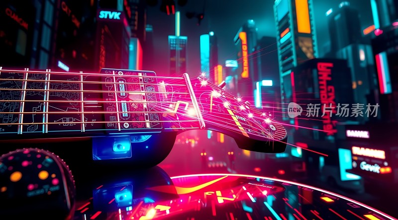 霓虹都市中的炫彩吉他