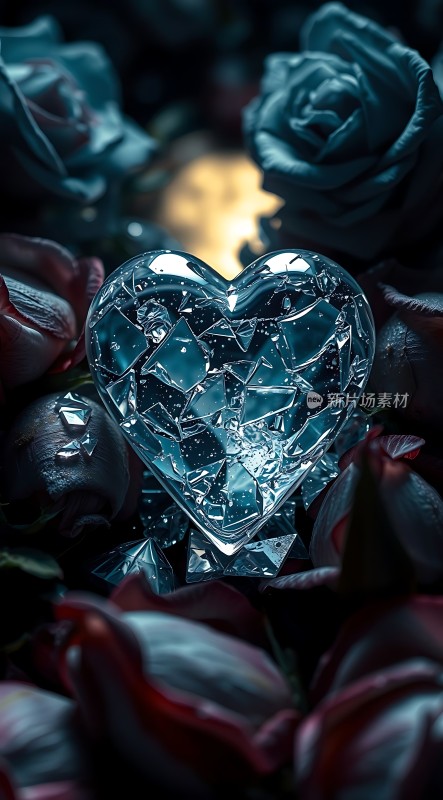 破碎的心形水晶与玫瑰