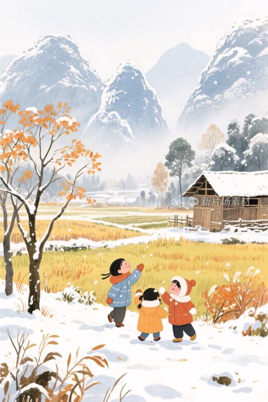 冬季乡村孩童雪景插画