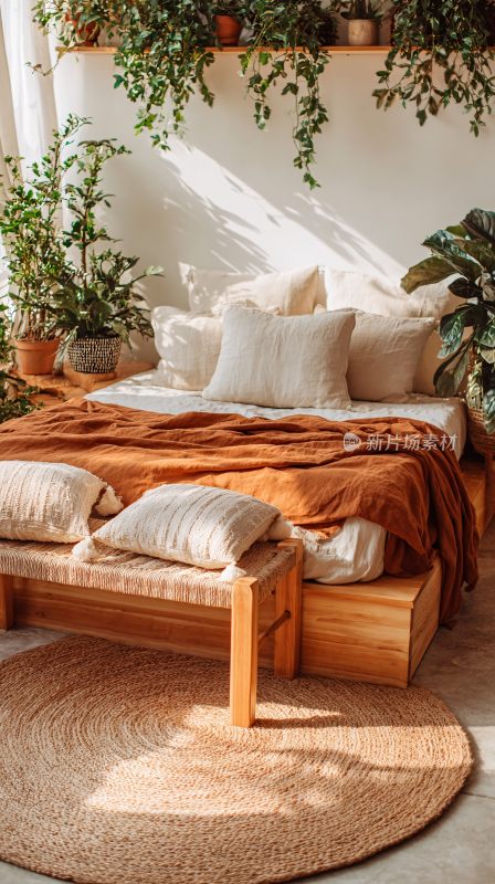 室内绿植环绕的温馨木质床铺