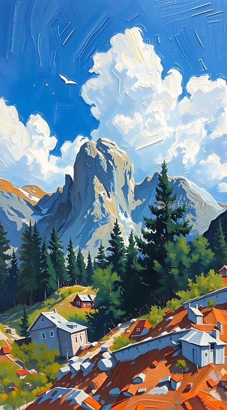蓝天白云下的宁静小镇与巍峨山峰