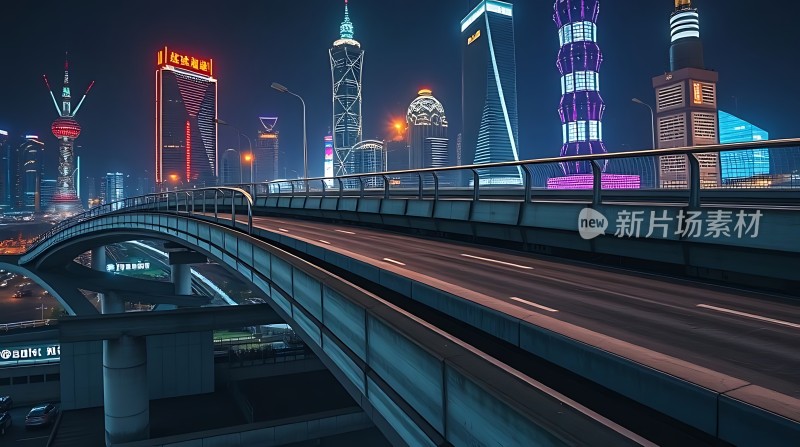 繁华都市夜景下的现代建筑群与高架桥