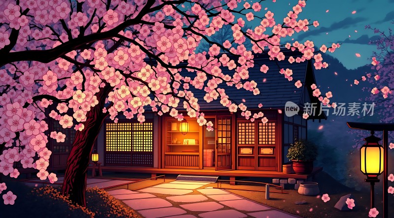 樱花夜色下的温馨小屋