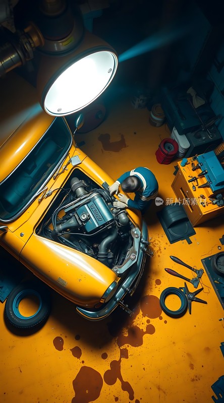 修车工人在车间里修理黄色汽车