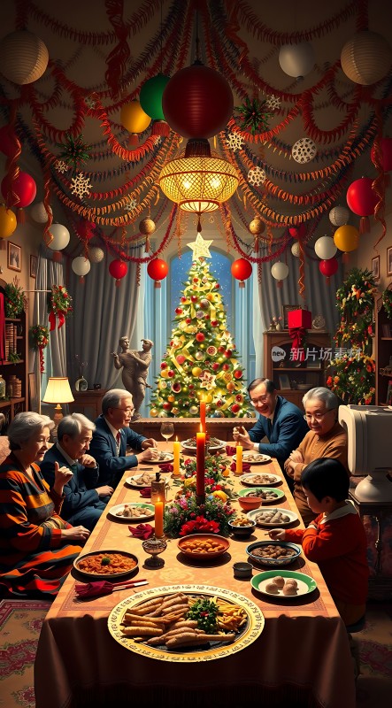 家庭圣诞大聚餐温馨团聚时刻