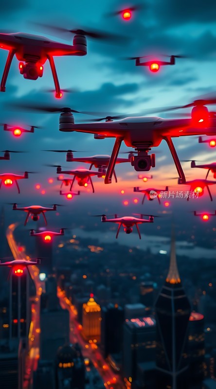 无人机编队夜航城市上空