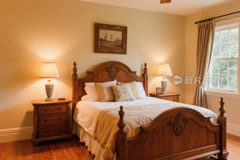 温馨木质卧室床铺场景