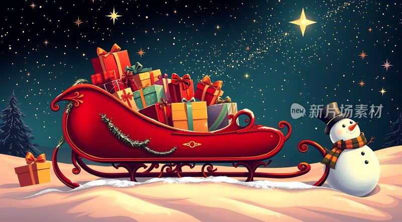 圣诞雪夜礼物雪橇雪人