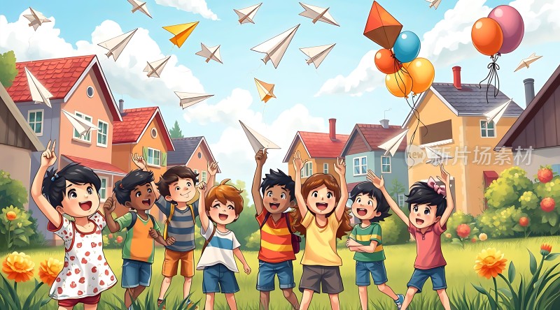 儿童放飞纸飞机和气球快乐玩耍