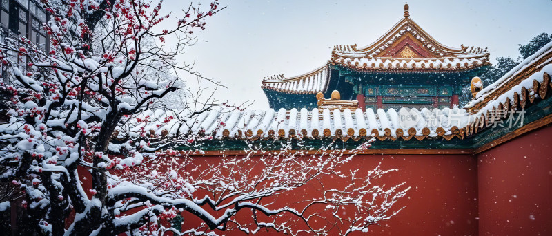 雪景中式古建筑园林亭台楼阁图