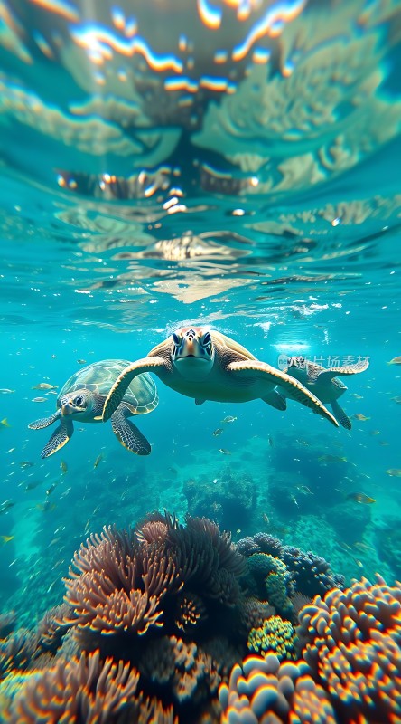 海中探秘海龟与珊瑚共舞