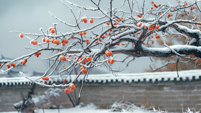 冬日柿子熟了红柿子树白雪冬天雪景白雪雪景