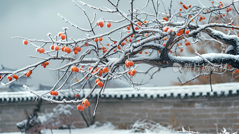 冬日柿子熟了红柿子树白雪冬天雪景白雪雪景