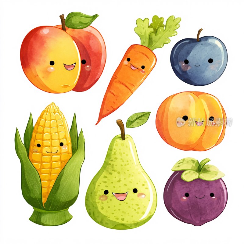 可爱拟人化水果蔬菜插画