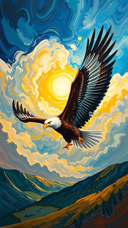 雄鹰翱翔于金色阳光下的壮丽山川