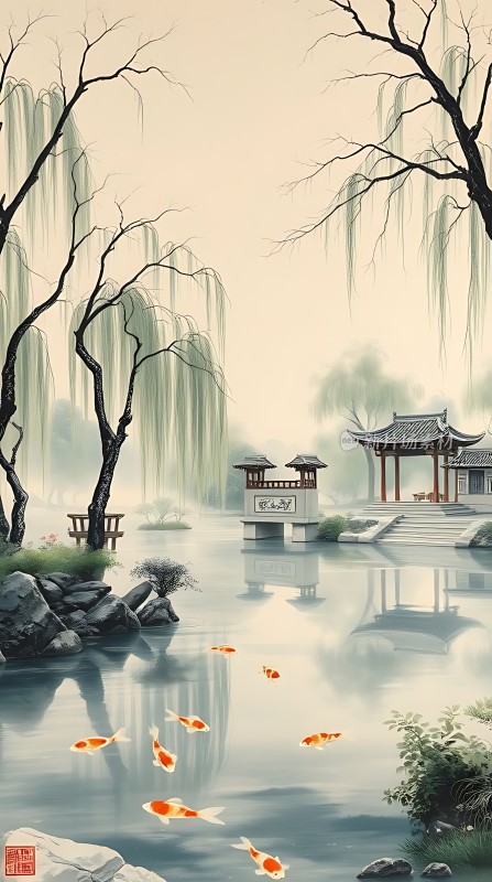 湖边垂柳戏金鲤