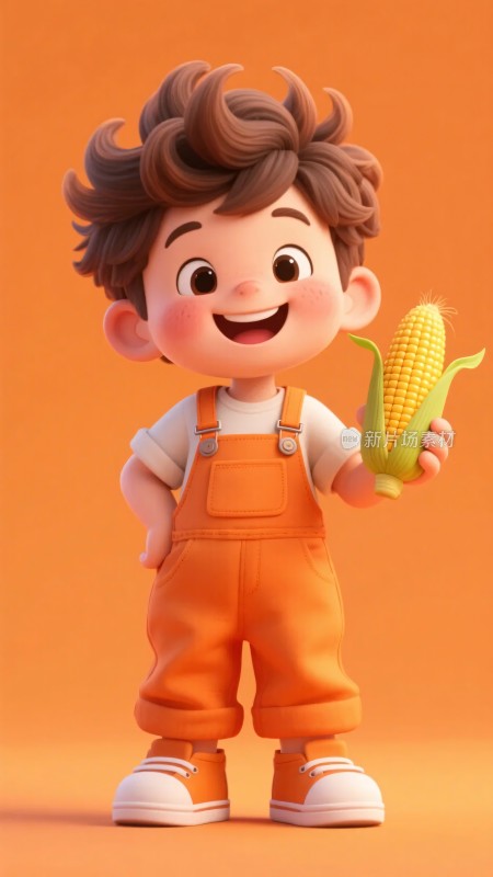 手持玉米的可爱卡通小男孩