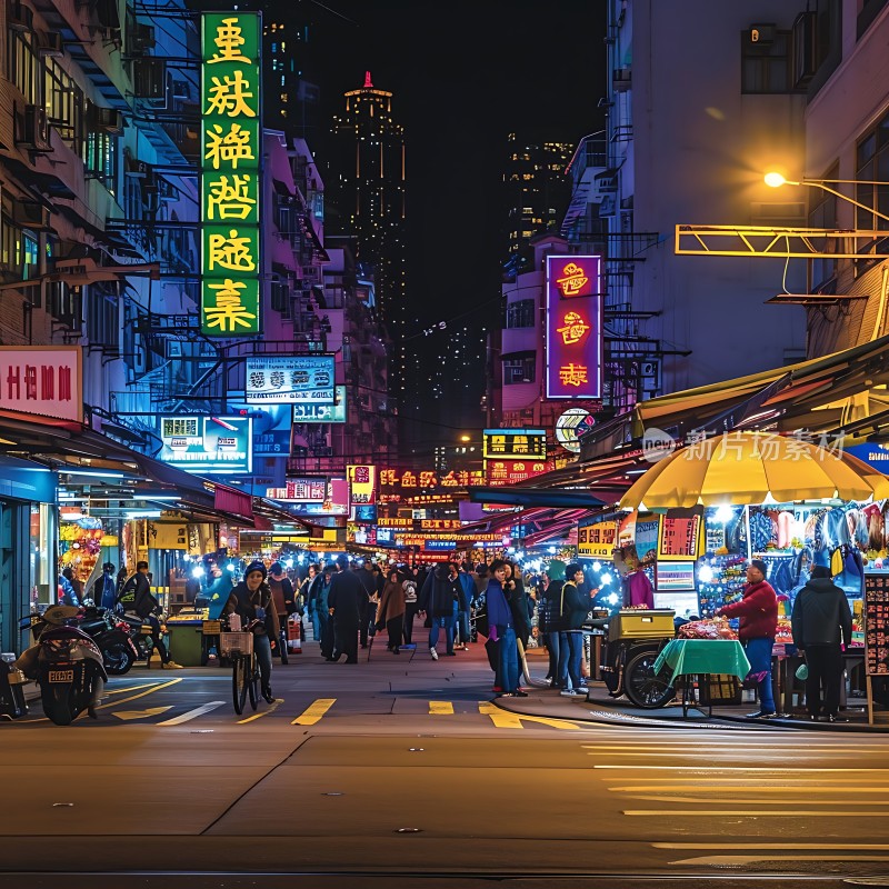 繁华夜市霓虹闪烁热闹非凡