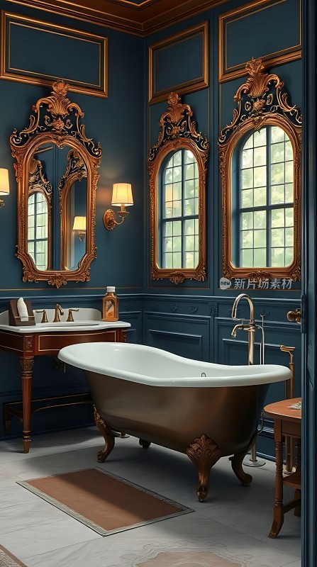 古铜色浴缸与金色装饰镜面墙