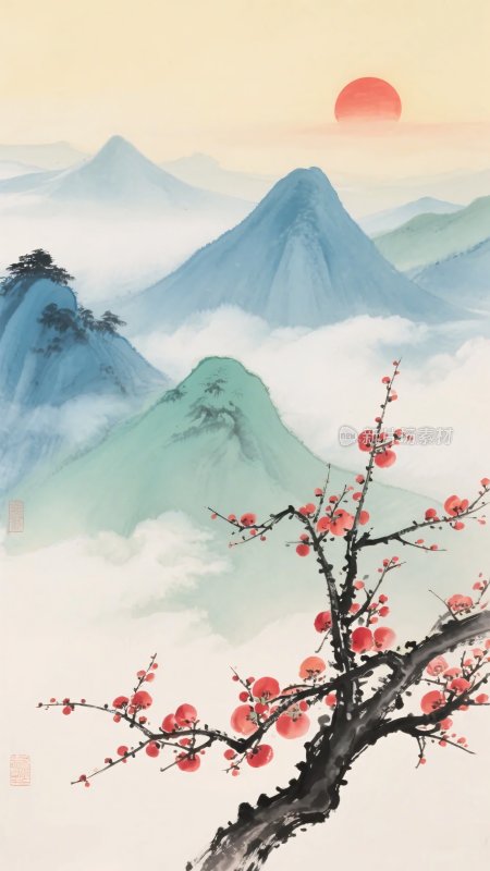 山水间红梅映日图